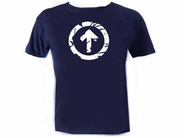 Above the influence-white print on navy blue shirt