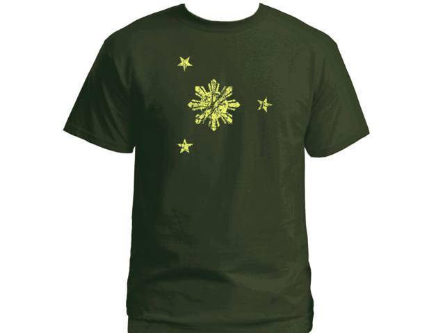 Filipino sun-Philippines flag distressed look army green shirt