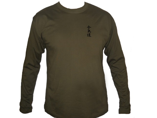 Aikido japanese martial arts man army green sleeved t-shirt