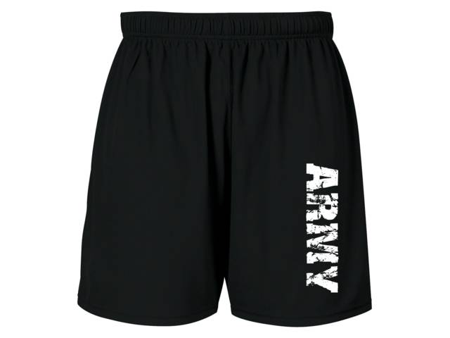 Army-distressed look polyester training moisture wicking black shorts