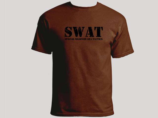 SWAT Special Weapons And Tactics distressed look brown t shirt
