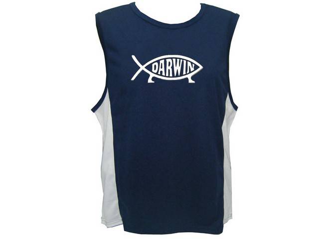 Darwin fish funny evolution atheist moisture wicking muscle tank top