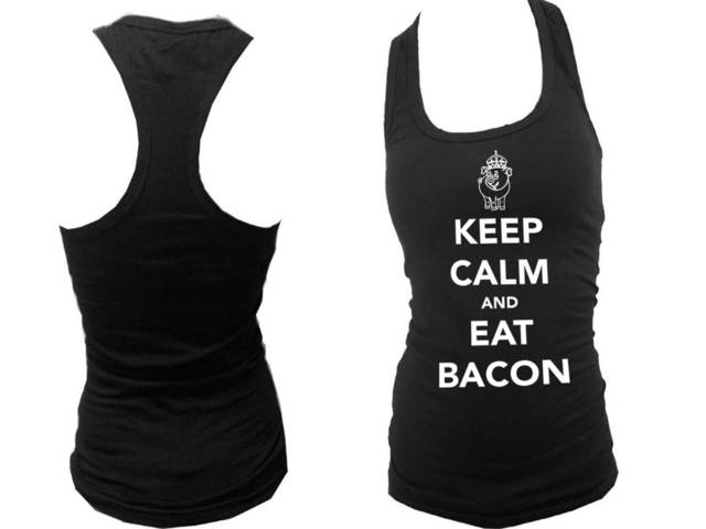 Keep calm and eat bacon funny parody women/teens black tank top S/M