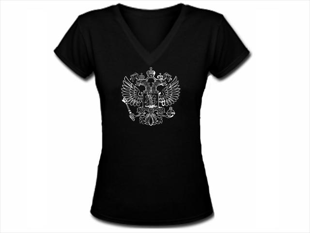 Russian federation crest two headed eagle women black t shirt