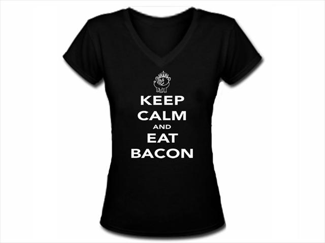 Keep calm and eat bacon woman girls black shirt