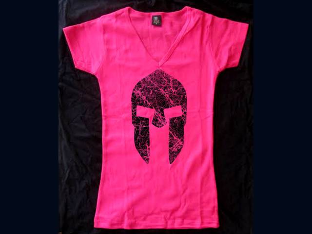 Spartan soldier helmet distressed look women pink t-shirt