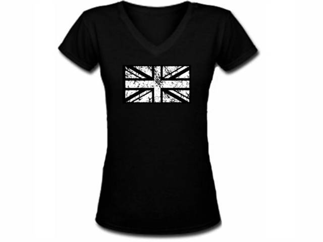 UK British Flag distressed look women black t-shirt