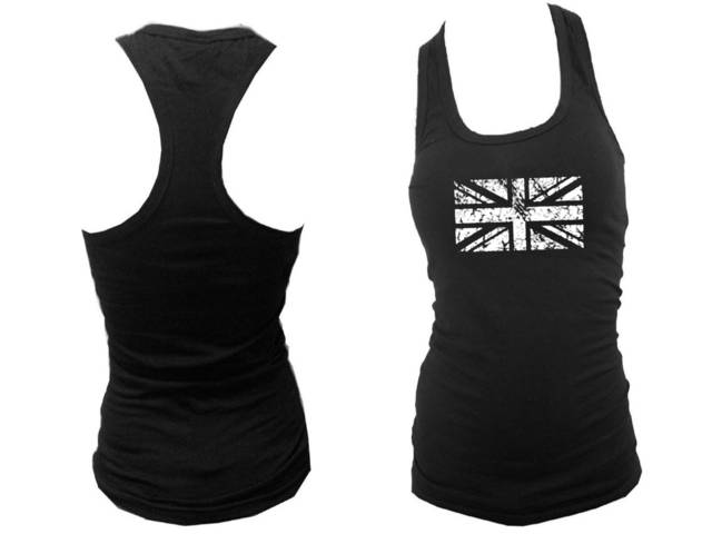UK British Flag distressed look women black tank top