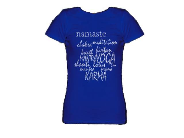Yoga terms - shanti,prana,karma,namaste ladies/girls royal blue top