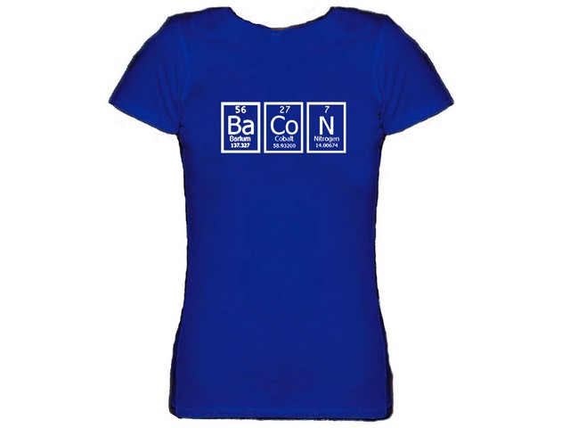 Bacon periodic table woman royal blue/red/apricot/pink shirt