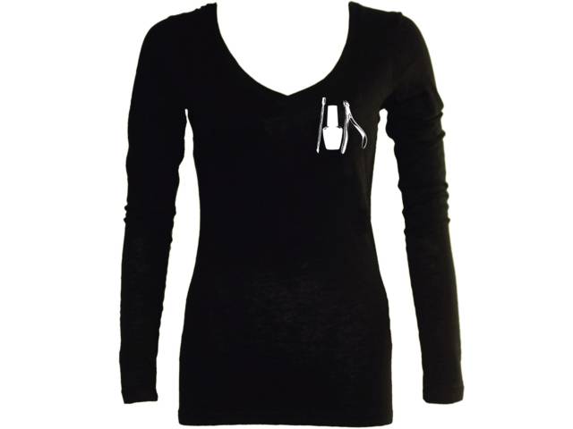 Nail technician tech black v neck sleeved top shirt