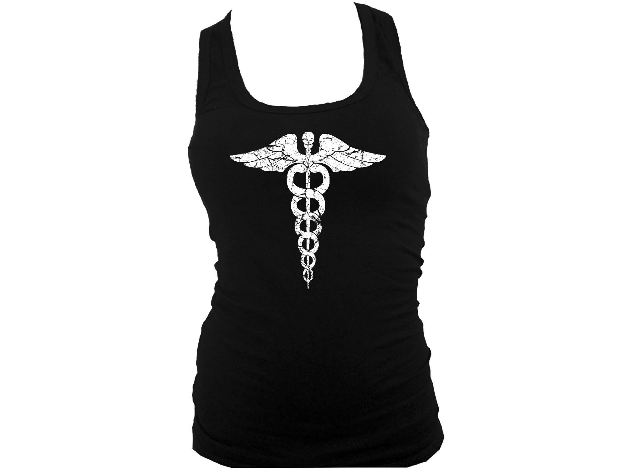 Nurse pin distressed look medic women black tank top L/XL