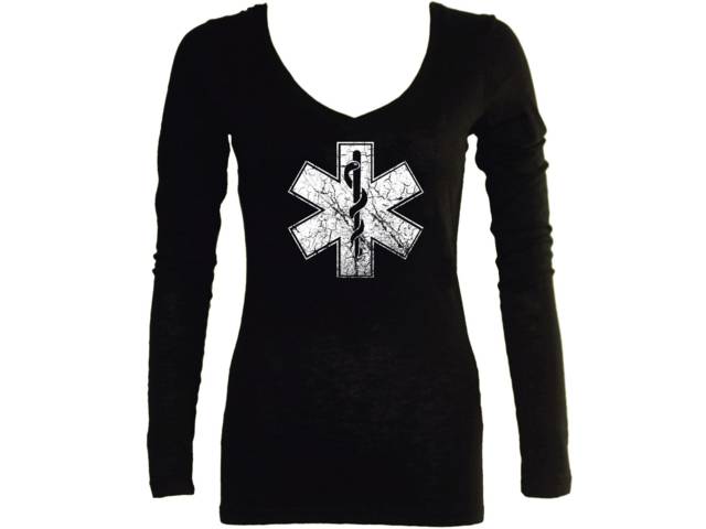 Paramedic distressed look medic women v neck long sleeves t-shirt