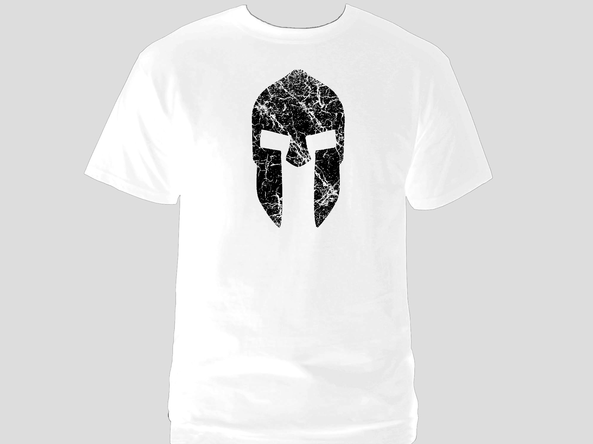 Spartan warrior helmet distressed look customized white t-shirt