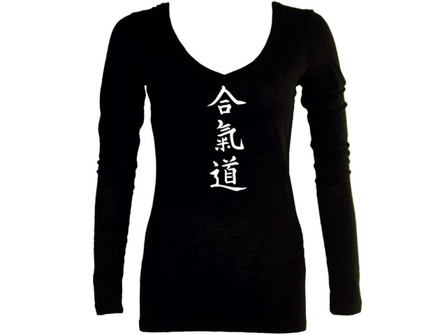 Aikido ai ki do kanji writing female v neck sleeved t-shirt