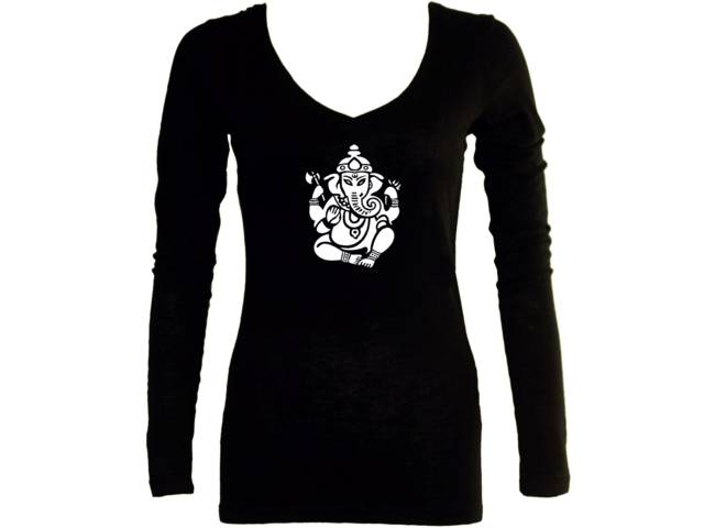 Ganesh Hindu god yoga meditation lotus design women black sleeved t shirt