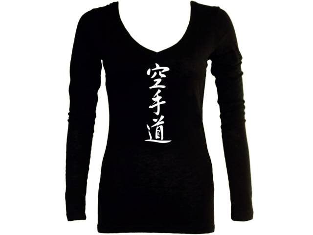 Karate Japanes kanji writing female black slim sleeved shirt