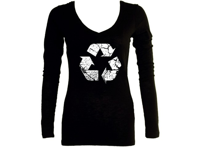 Recycle logo distressed look woman sleeved t-shirt