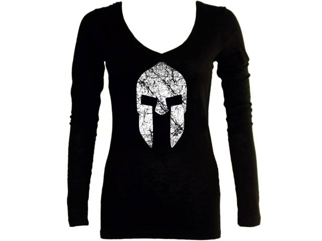 Spartan soldier helmet distressed look women sleeved t-shirt