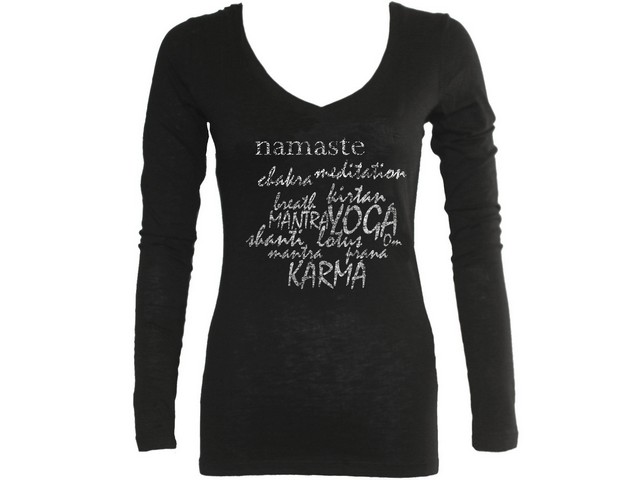 Yoga terms namaste karma om prana shanti ladies sleeved t-shirt